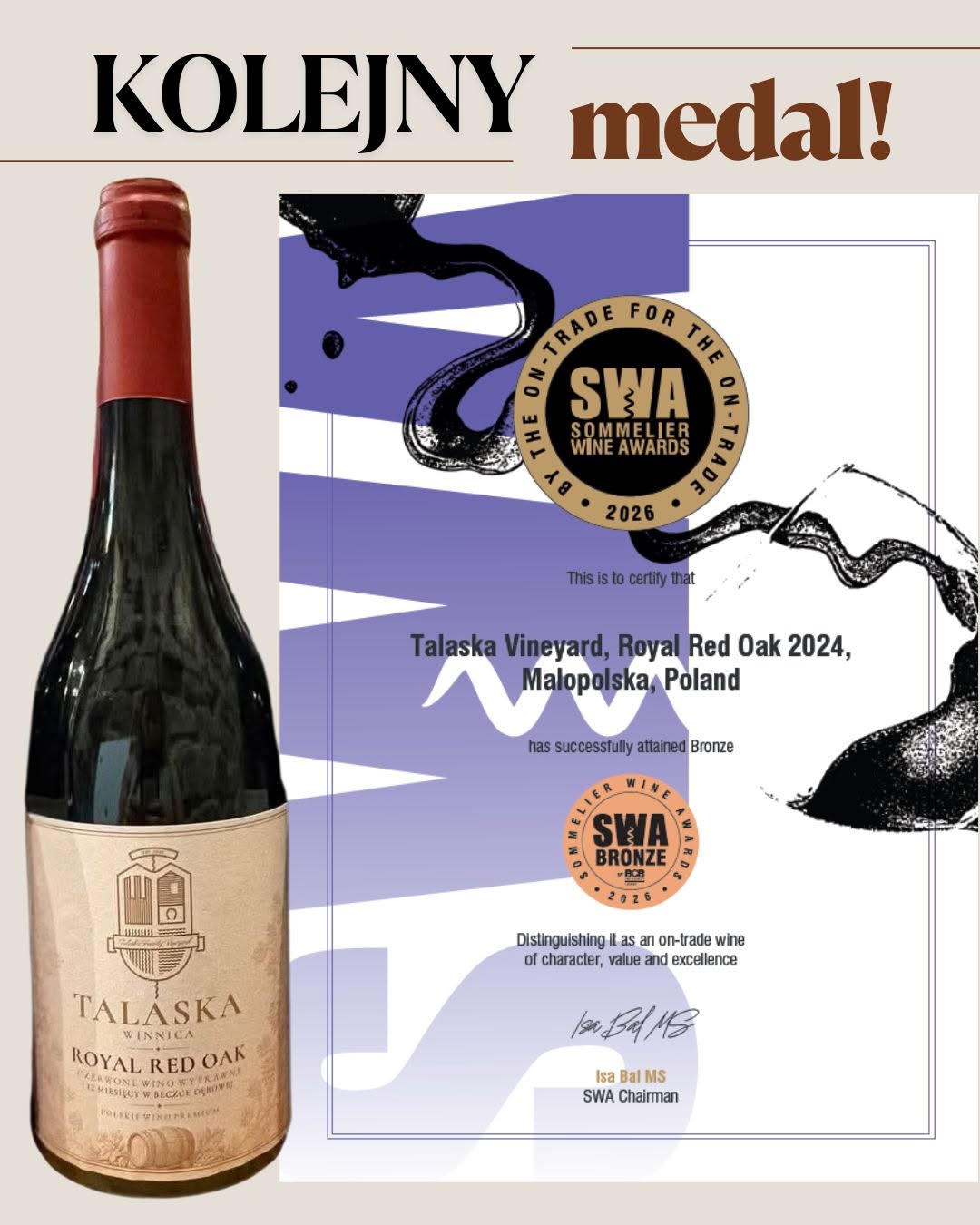 Brązowy Medal dla Winnicy Talaska w Sommelier Wine Awards 2026